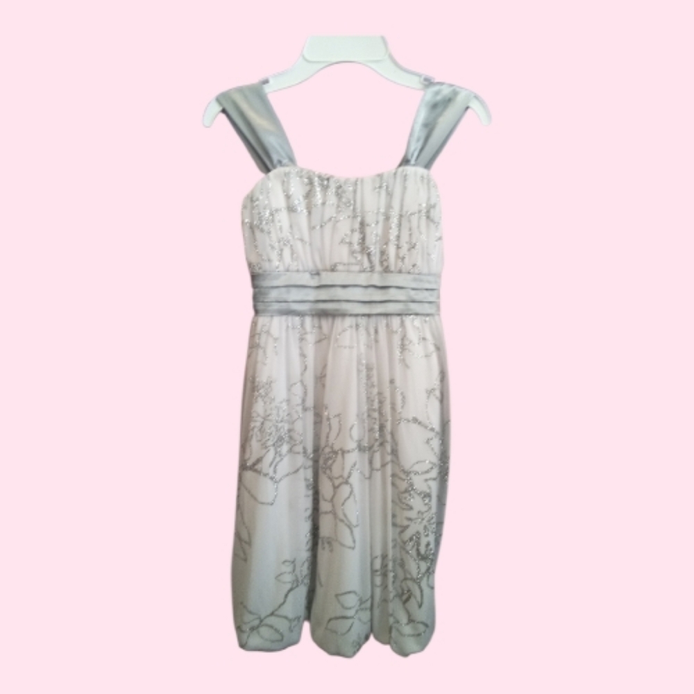 Girls 14 Elegant White and Silver Dress with Bow